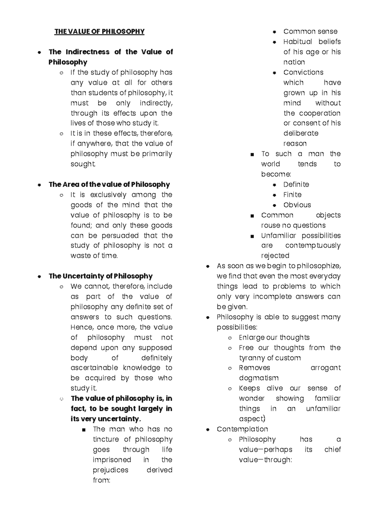 [ Philo] LQ1 Notes - THE VALUE OF PHILOSOPHY The Indirectness of the ...