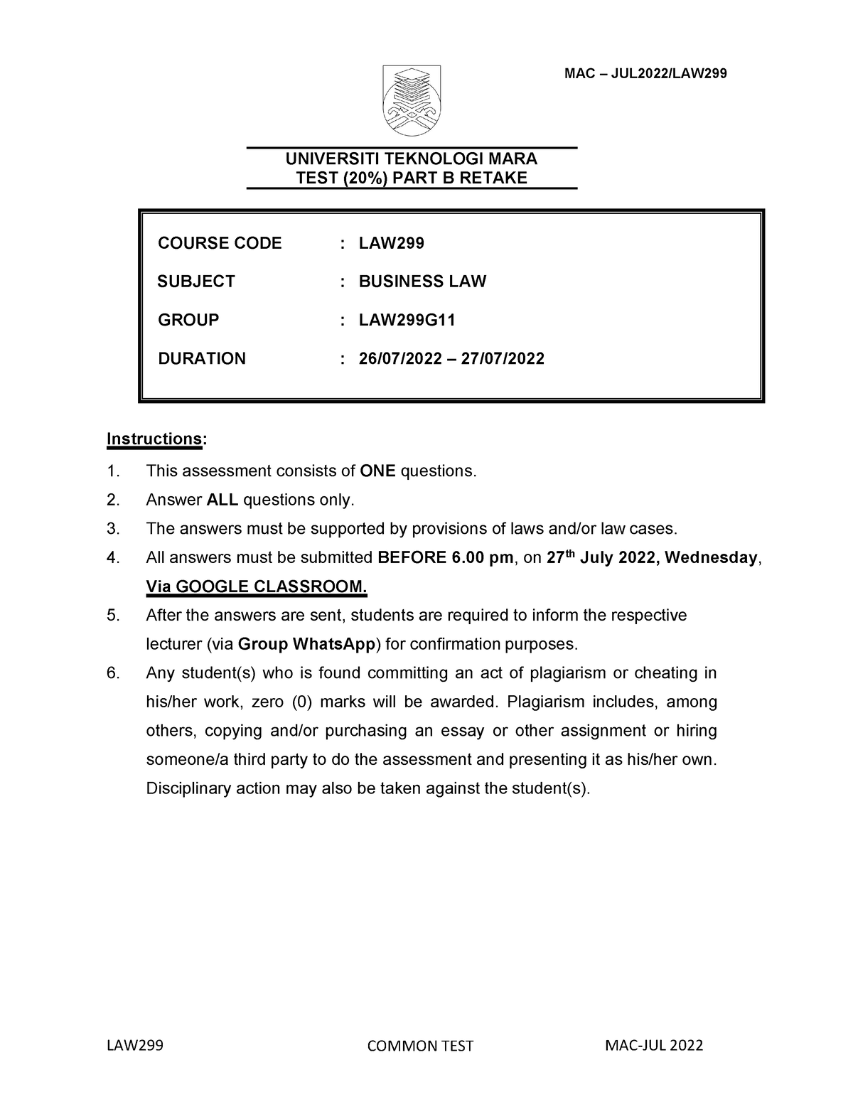 TEST 1 - PART B - Retake - Practice Material- Test Answer To Be ...