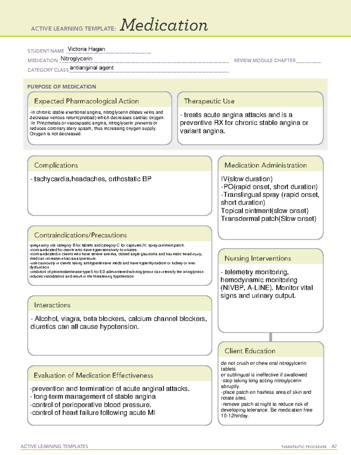 Nitroglycerin ATI medication Hagan Victoria - ACTIVE LEARNING TEMPLATES ...