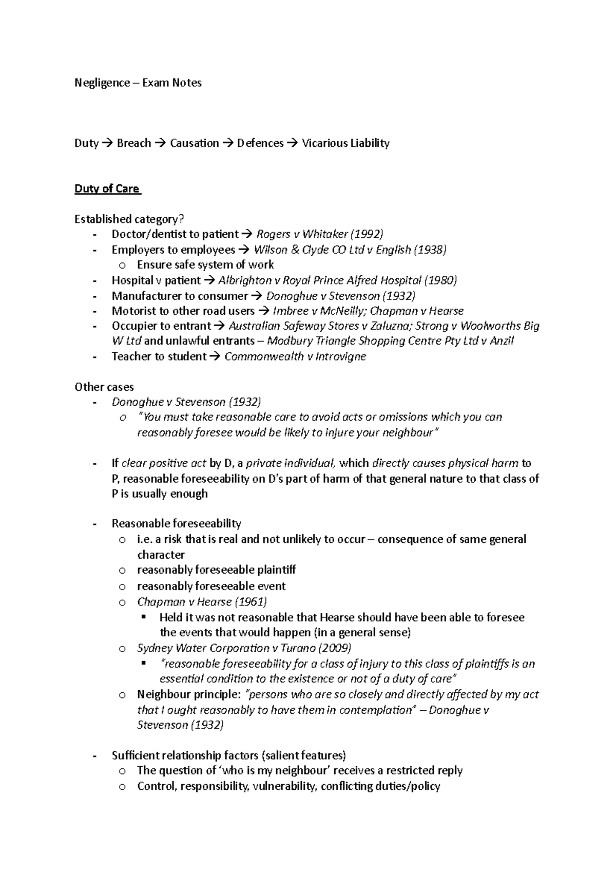 LAWS1203 - Final Exam Notes - Negligence - Negligence – Exam Notes Duty ...