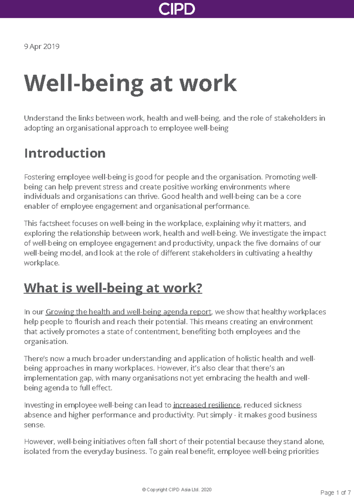 CIPD 2019 Wellbeing Factsheet - 9 Apr 2019 Well-being at work ...