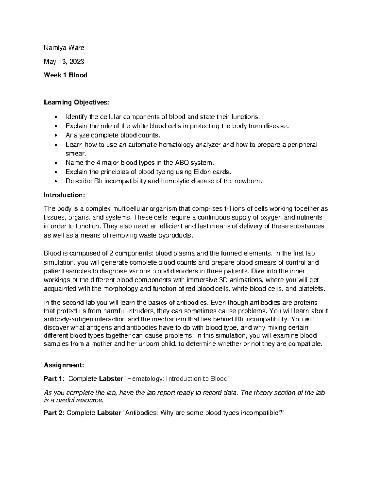 Final LABS BIOS255 Labs BIOS 255 Week 1 Blood lab report - Namiya Ware ...