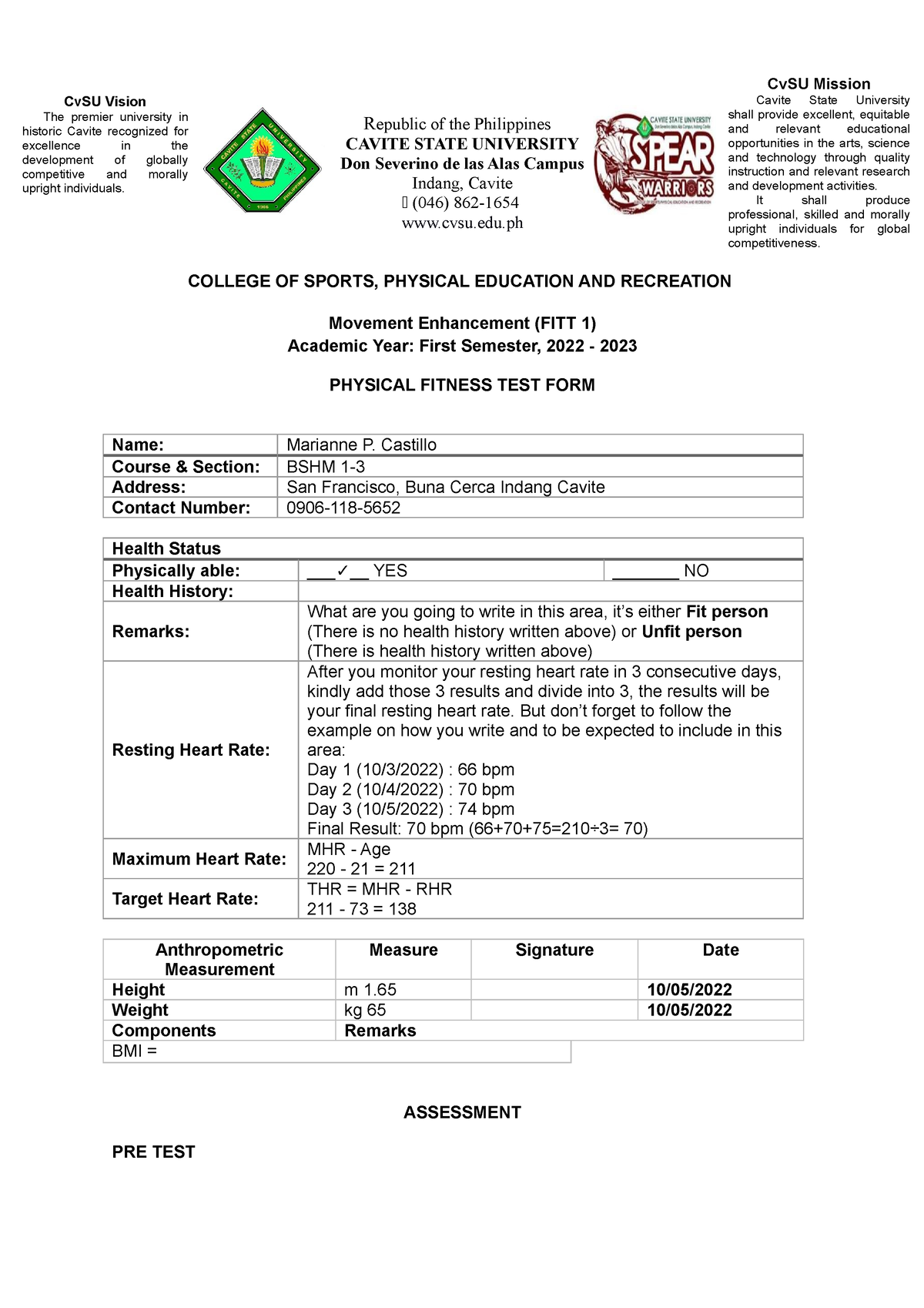 Fitt 1 Pft Form 2022 2023 Republic Of The Philippines Cavite State University Don Severino De 0633