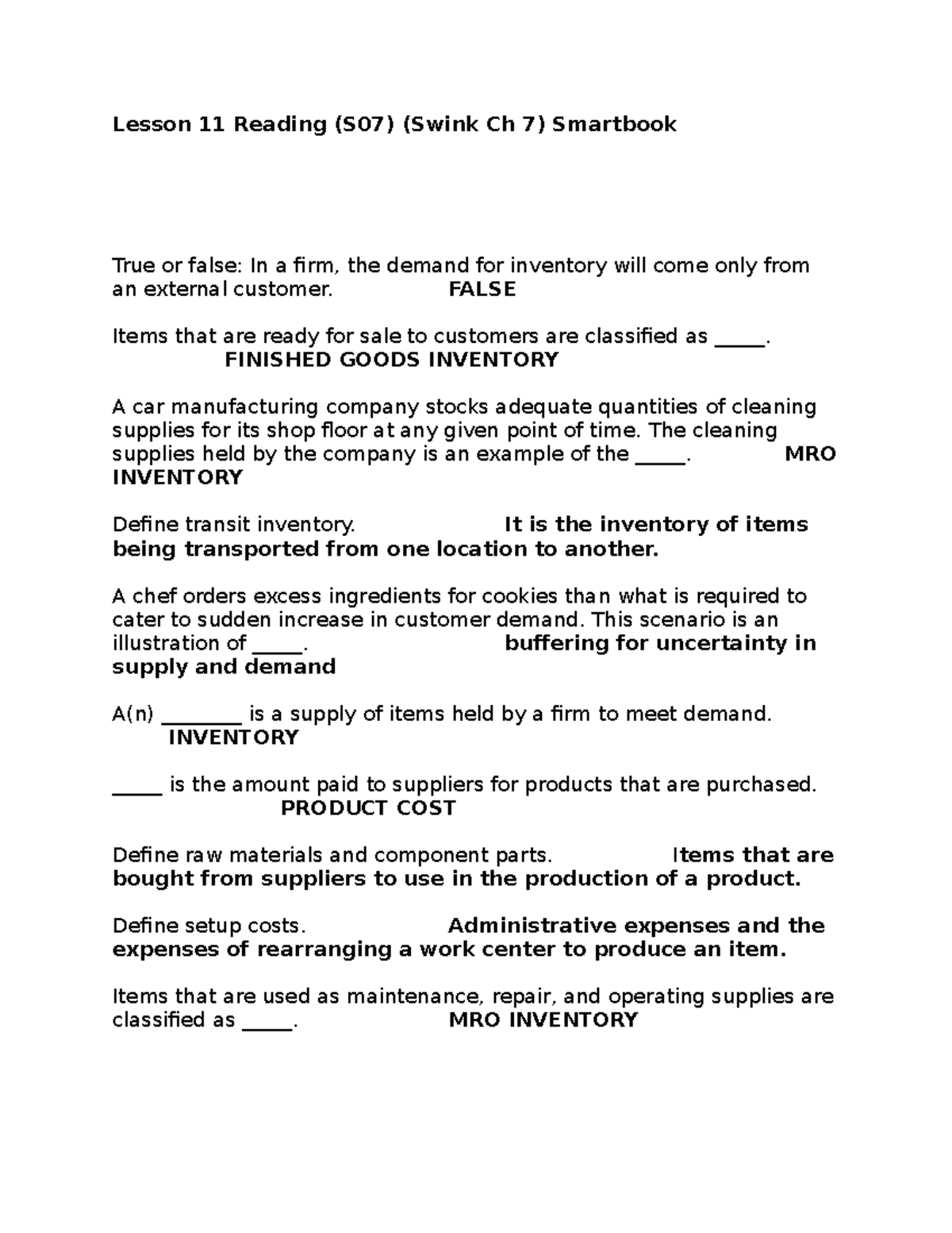 Lesson 11 Reading (S07) (Swink Ch 7) Notes Lesson 11 Reading (S07) (Swink Ch 7) Smartbook True