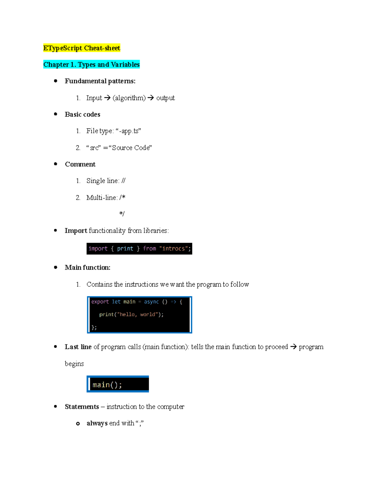 Type Script Sheet - Summary Introduction To Programming - ETypeScript ...