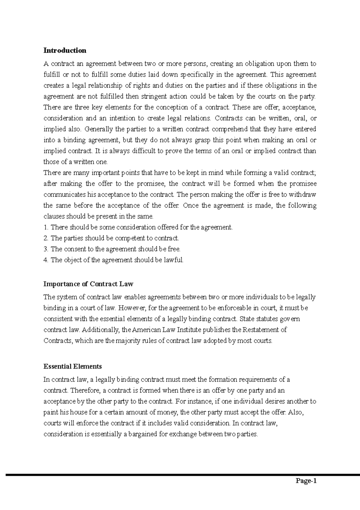 The Importance of Contract law notes - Introduction A contract an ...