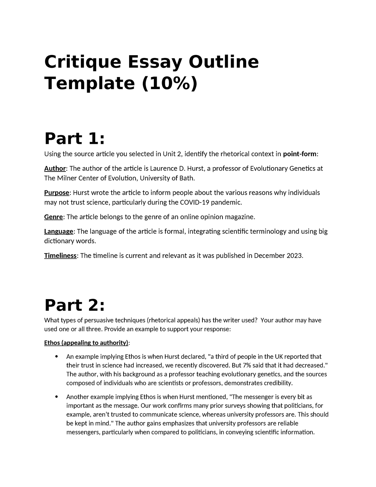 Project 1 Essay Outline - Critique Essay Outline Template (10%) Part 1 ...