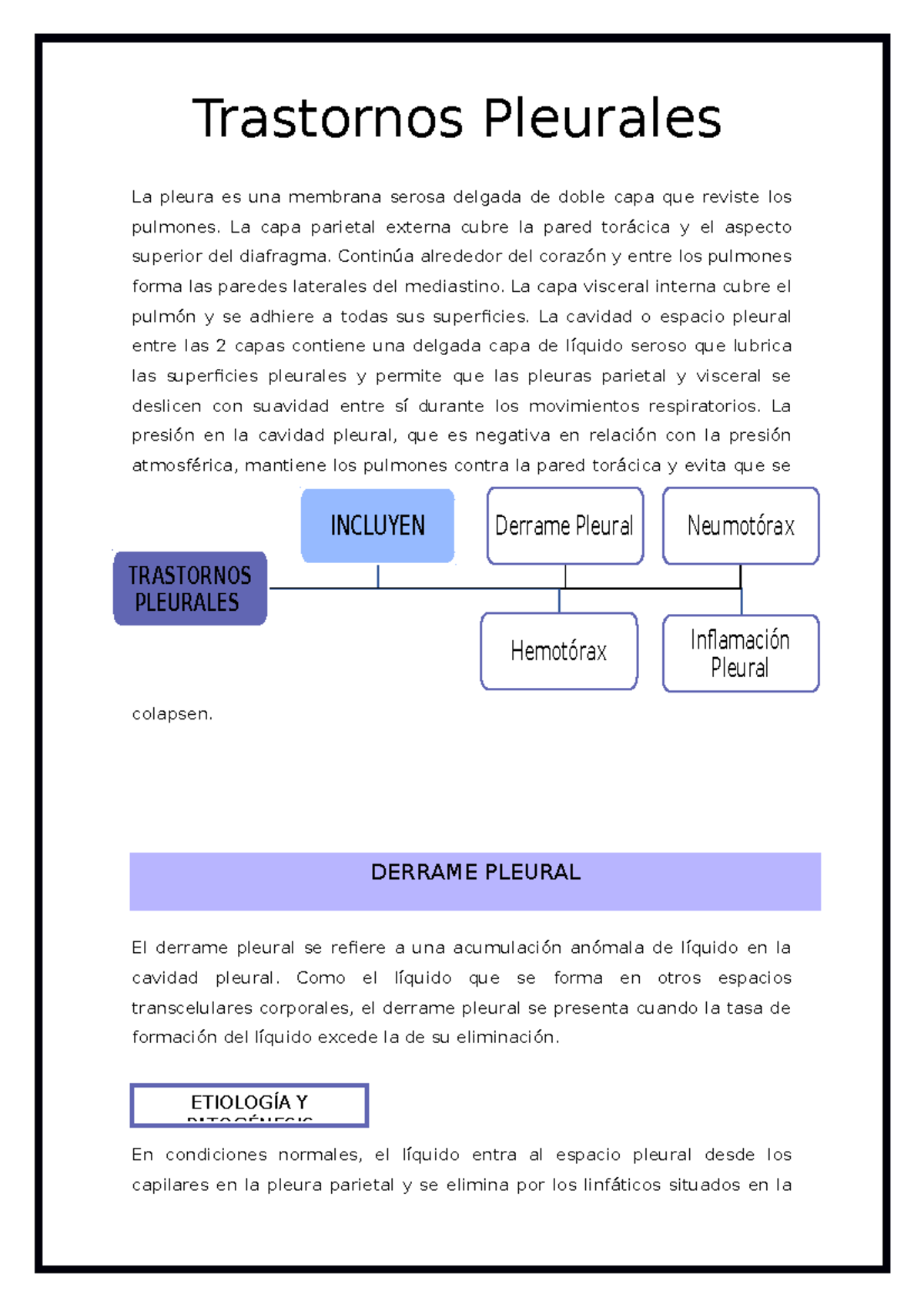 Trastornos Pleurales TRASTORNOS PLEURALES Derrame Pleural Hemot rax 