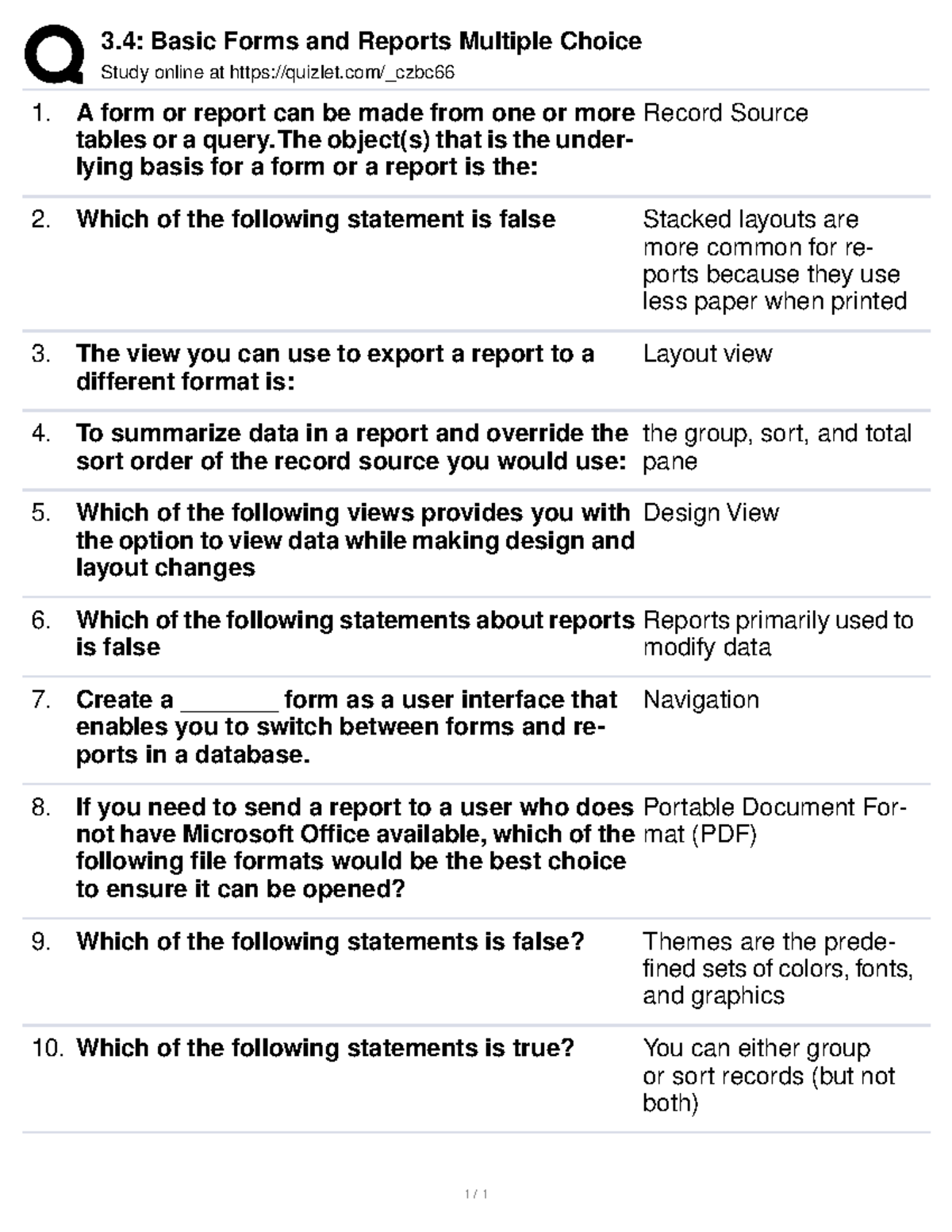 3 4 Basic Forms And Reports Multiple Choice 3 Basic Forms And 