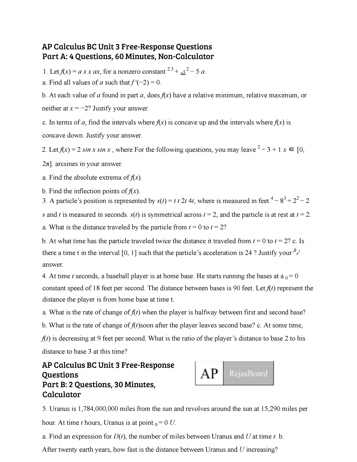 BC Calc Unit 3 FRQ Practice AP Calculus BC Unit 3 FreeResponse