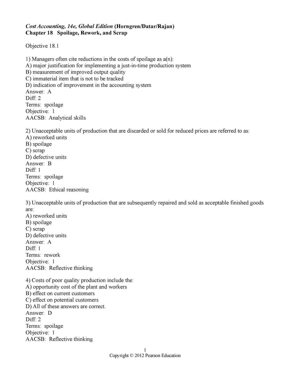 Cost Accounting, 14e, Test Bank Ch18 Cost Accounting, 14e, Global