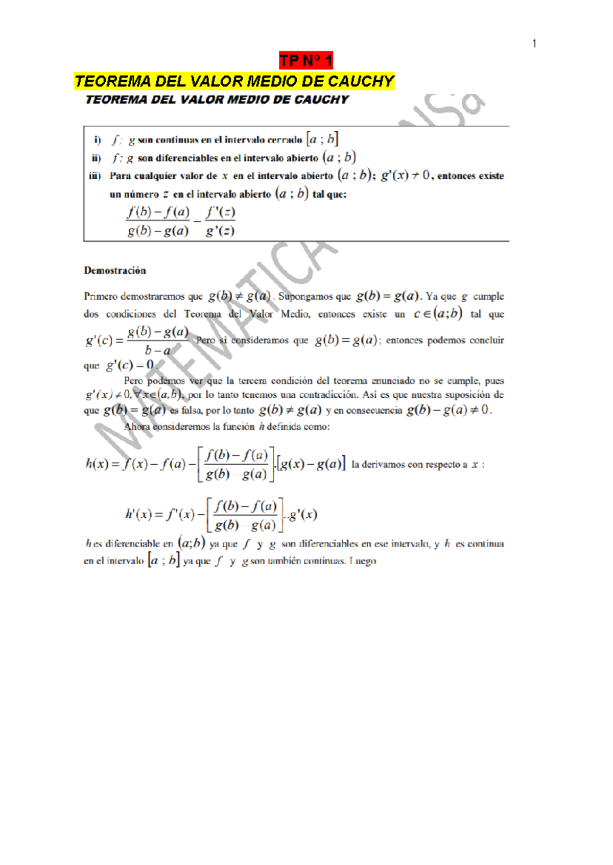 Resumen Teorico - MATE III - TP Nº 1 TEOREMA DEL VALOR MEDIO DE CAUCHY ...