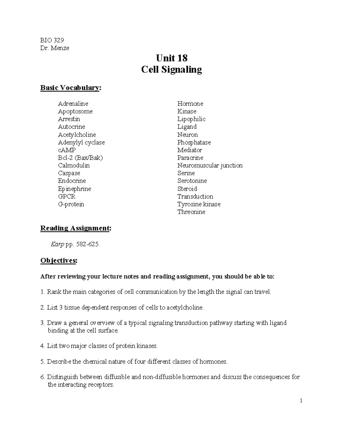 Review Sheet Unit 18 - BIO 329 Dr. Menze Unit 18 Cell Signaling Basic ...
