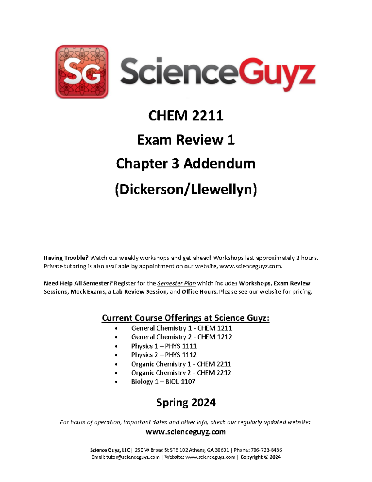 Chem 2211 exam review 1 addendum (dickerson llewellyn) spring 2024