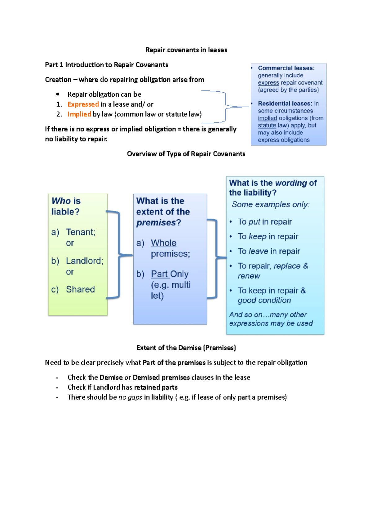 Week 3 Property Law Lecture 3 Repair Covenants Repair covenants