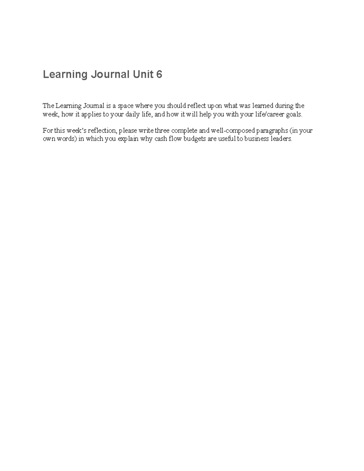 Unit 6 Learning Journal Bus 3301 Learning Journal Unit 6 The Learning Journal Is A Space 6988