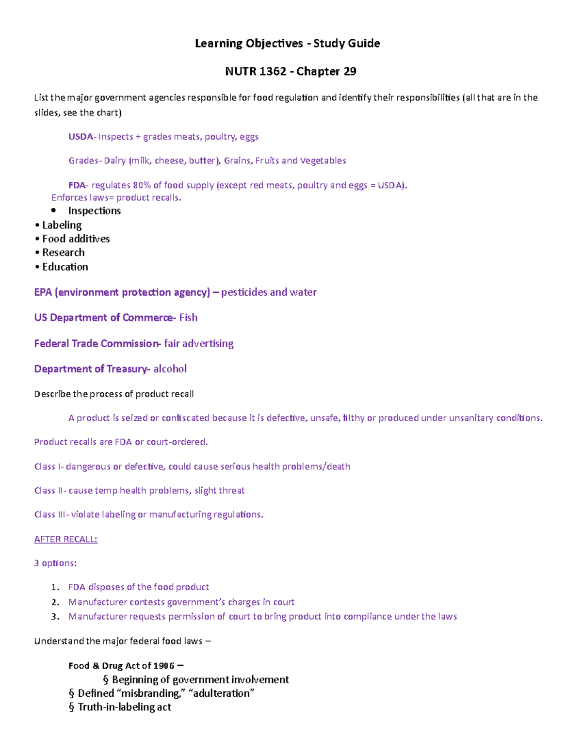 Learning Objectives and Study Guide Chapter 29 - Learning Objectives ...