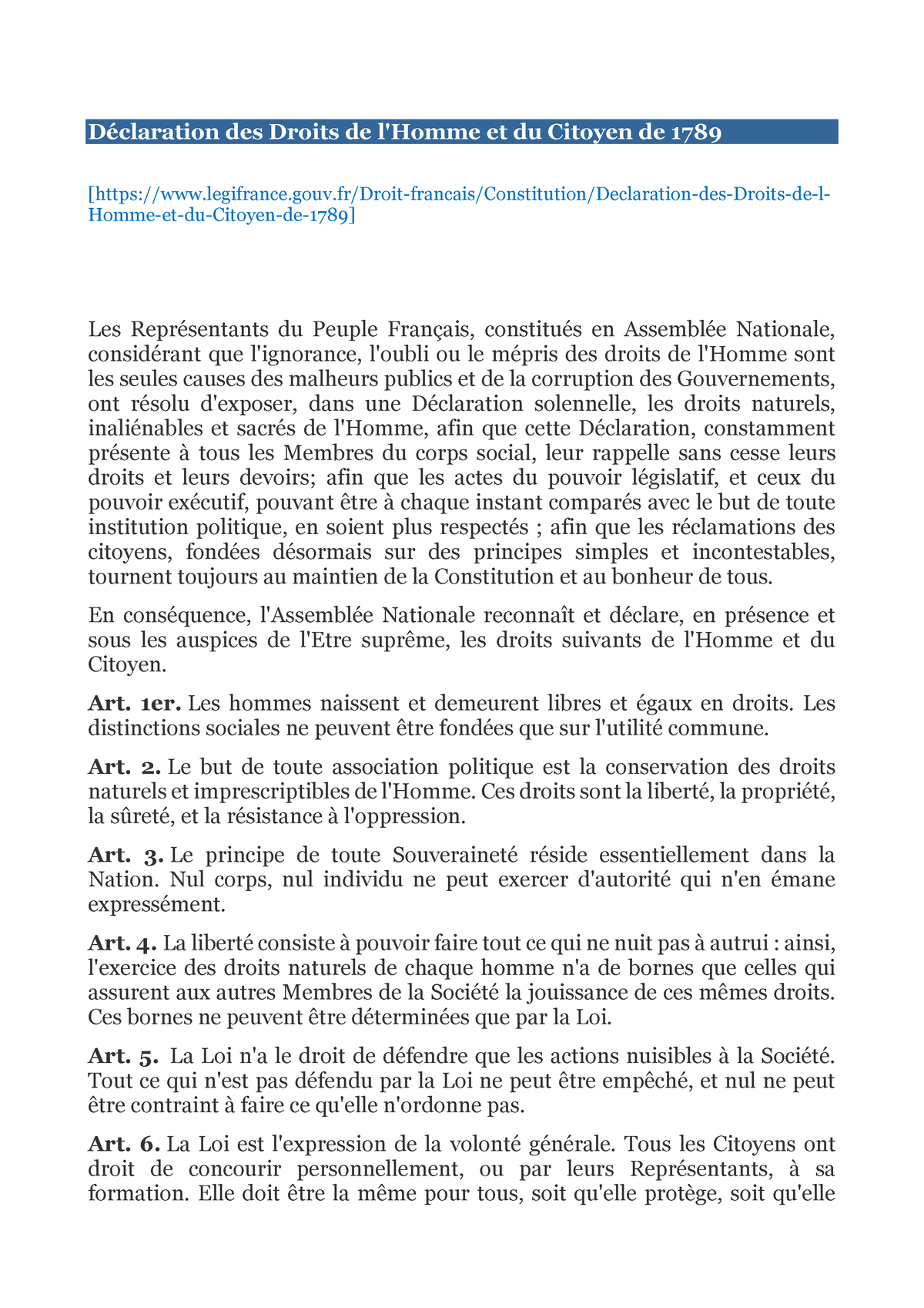 Doc D Claration Droits De Lhomme D Claration Des Droits De L Homme Et Du Citoyen De