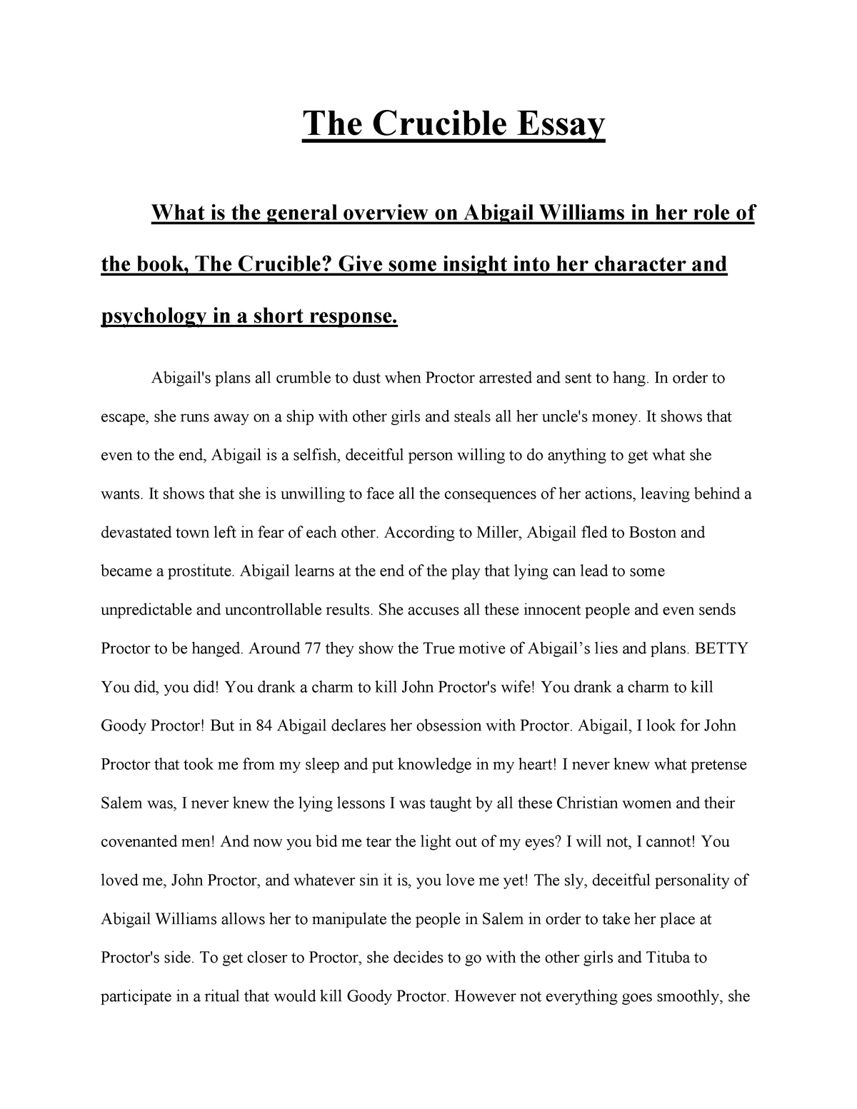 essay about abigail in the crucible