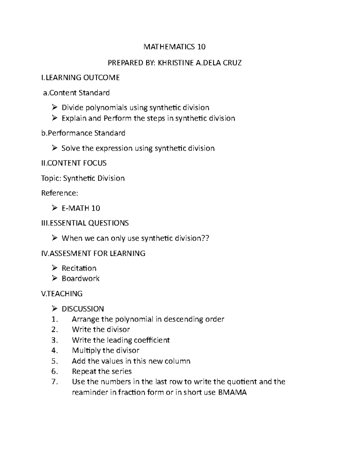 Math Lectures for Grade 10 - MATHEMATICS 10 PREPARED BY: KHRISTINE A ...