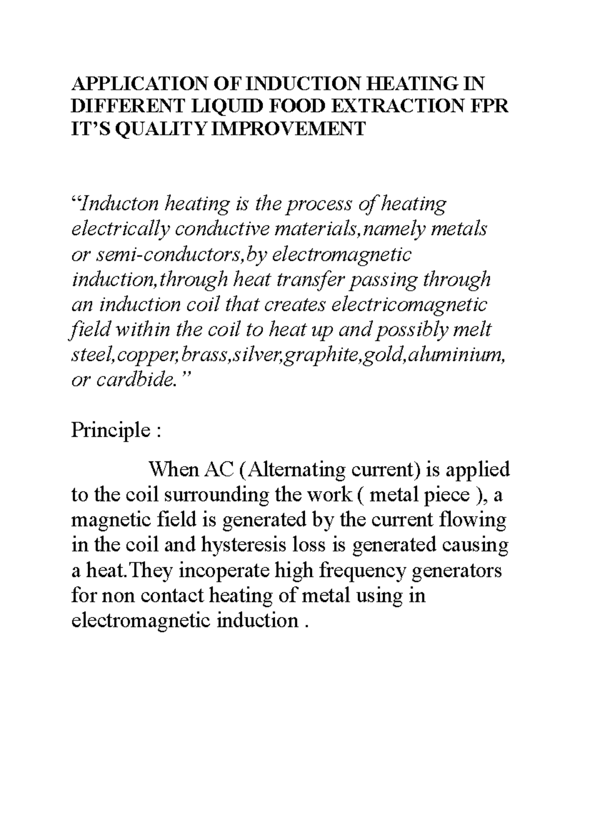 Application OF Induction Heating IN Different Liquid FOOD Extraction