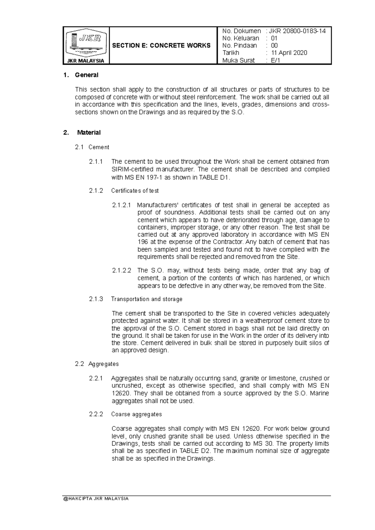 Concrete - SECTION E: CONCRETE WORKS No. Keluaran : 01 No. Pindaan : 00 ...