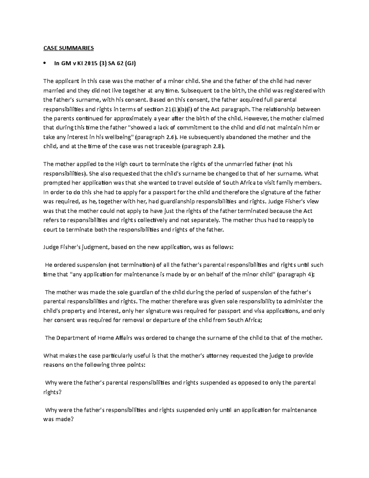 CASE Summaries Criminal Law Tutorial Question 2021 year 3 CASE