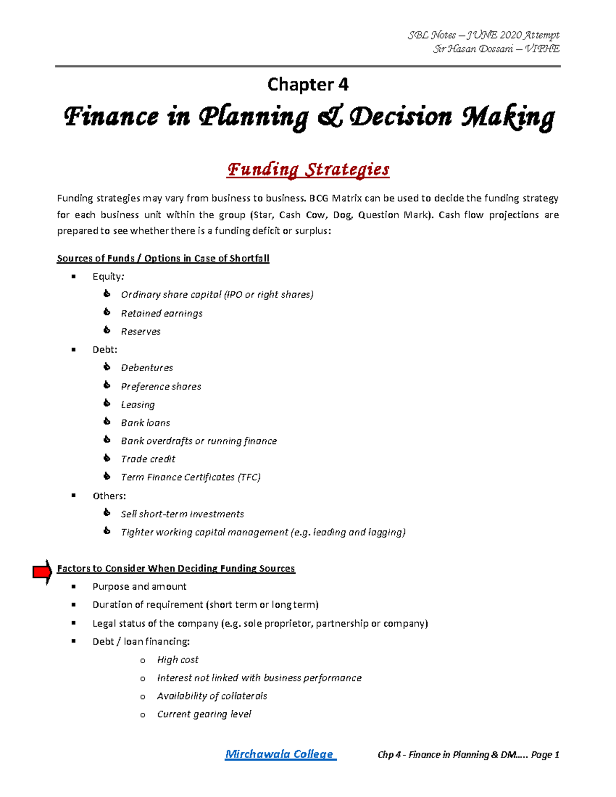 Chp 4 - Finance in Planning & Decision Making (SBL Notes by Sir Hasan ...
