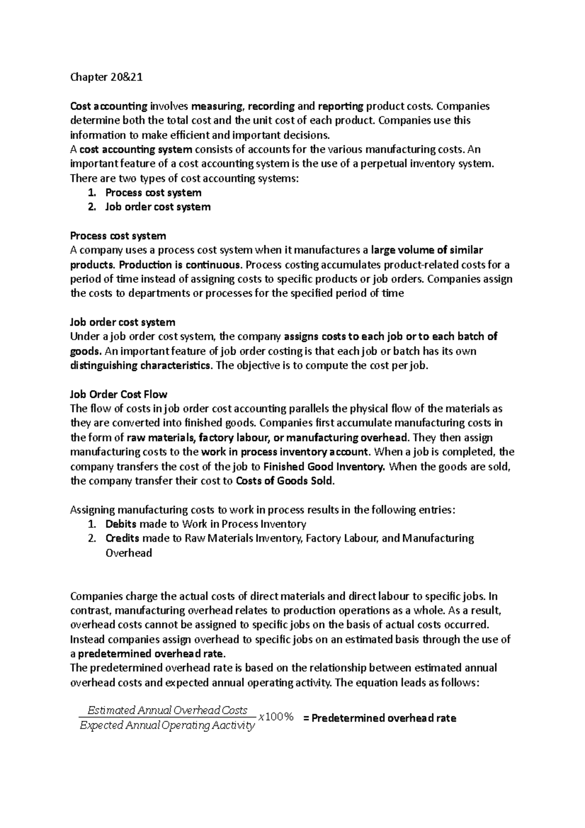 Chapter 20&21 summary (Accounting) Chapter Cost accounting involves