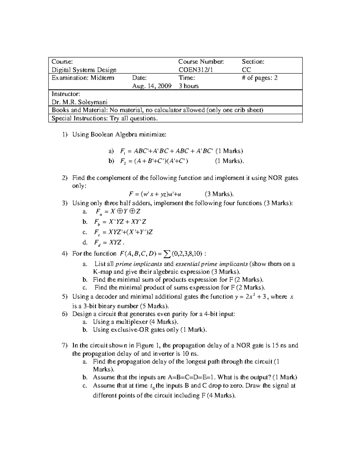 Exam 14 August 2009, questions - Course: Digital Systems Design Course ...