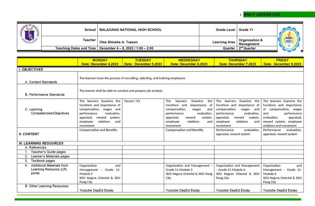 DLL-Q2-Org Man-Week-3 - School BALAOANG NATIONAL HIGH SCHOOL Grade ...