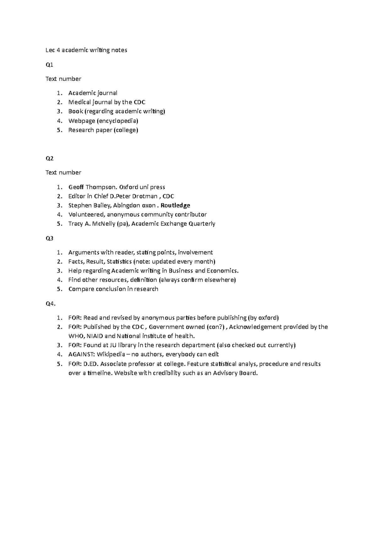 Lec 4 notes - Lec 4 academic writing notes Q Text number Academic ...