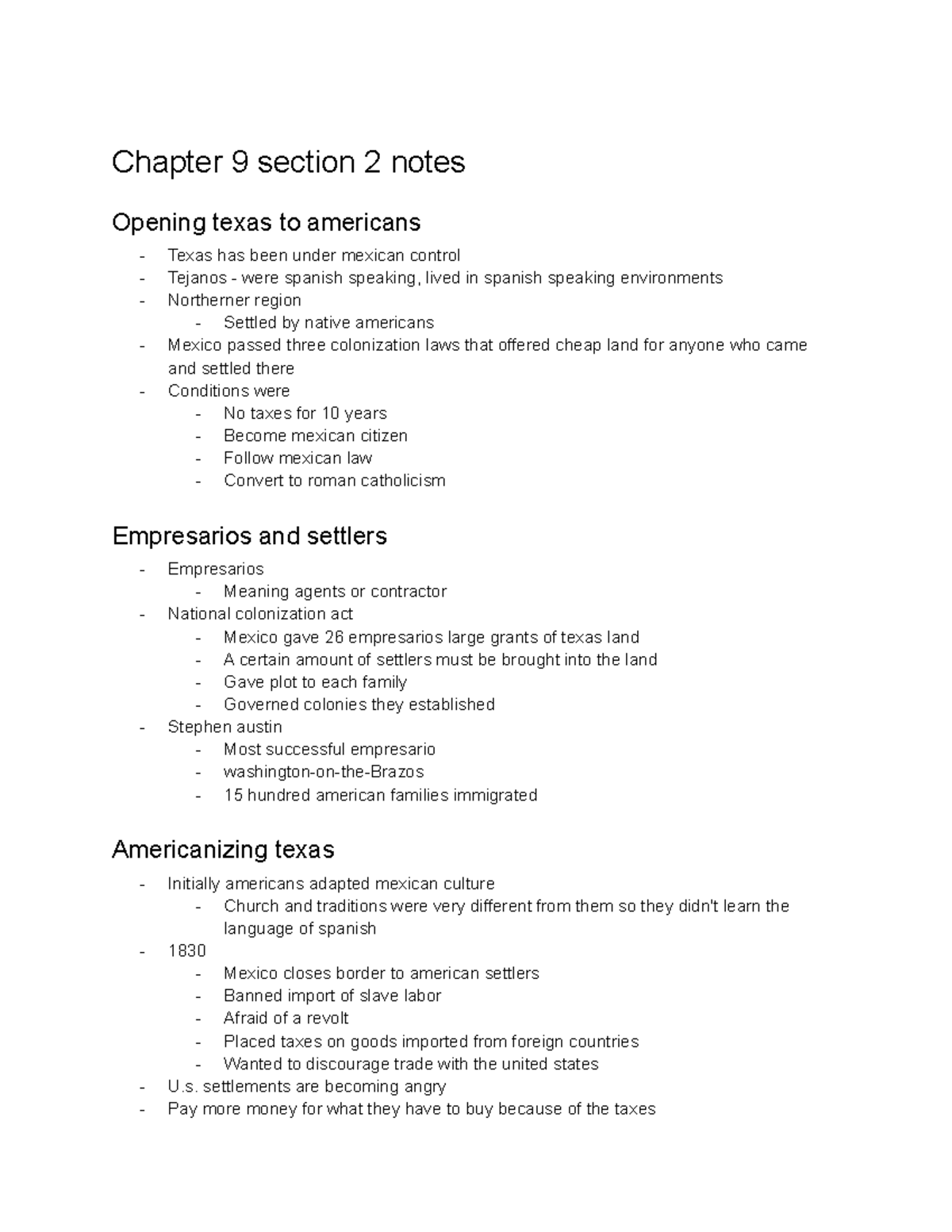 Chapter 9 section 2 notes - Chapter 9 section 2 notes Opening texas to ...