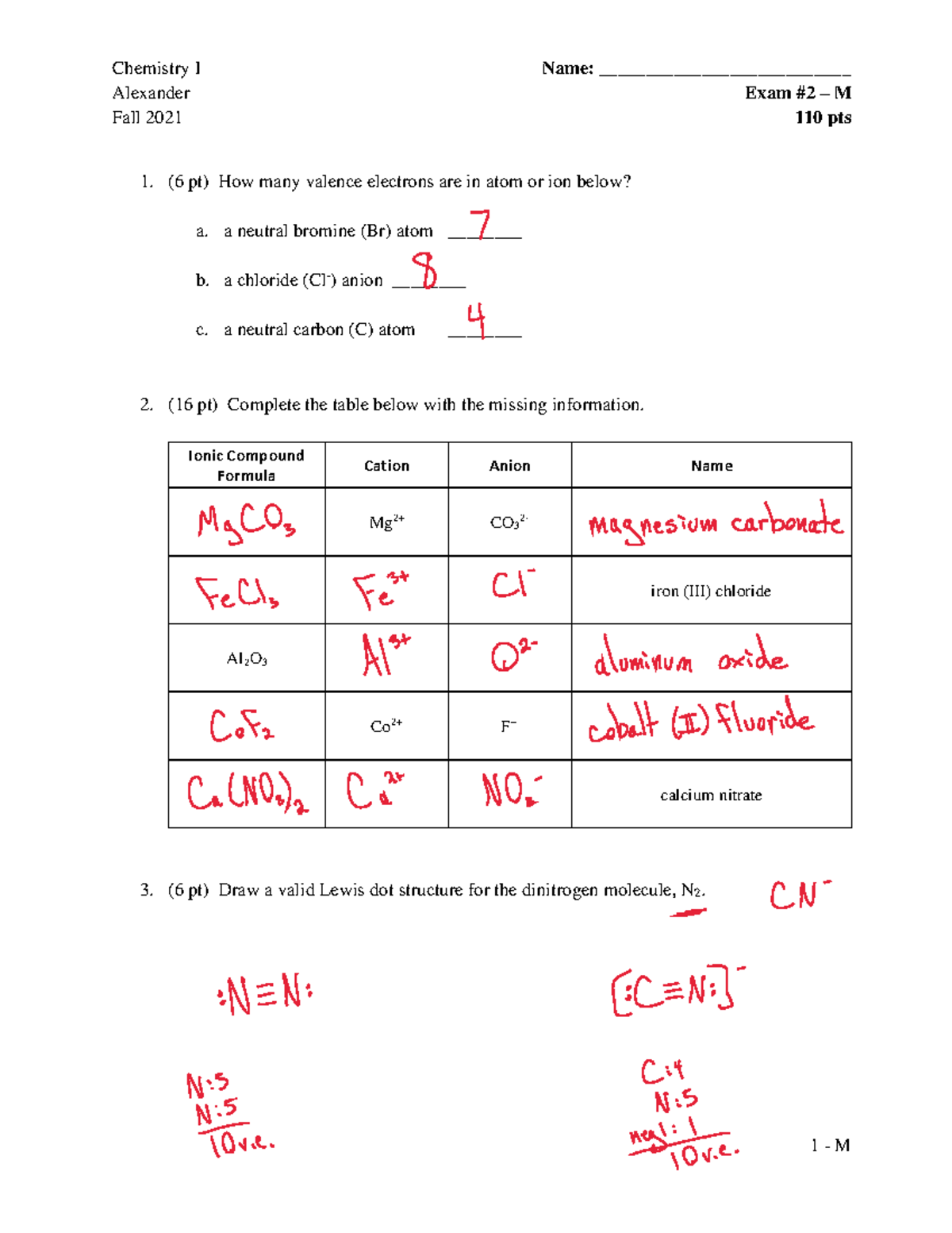 Exam #2 M Fall 2021 Key - Chemistry 1 - Chemistry I Name ...