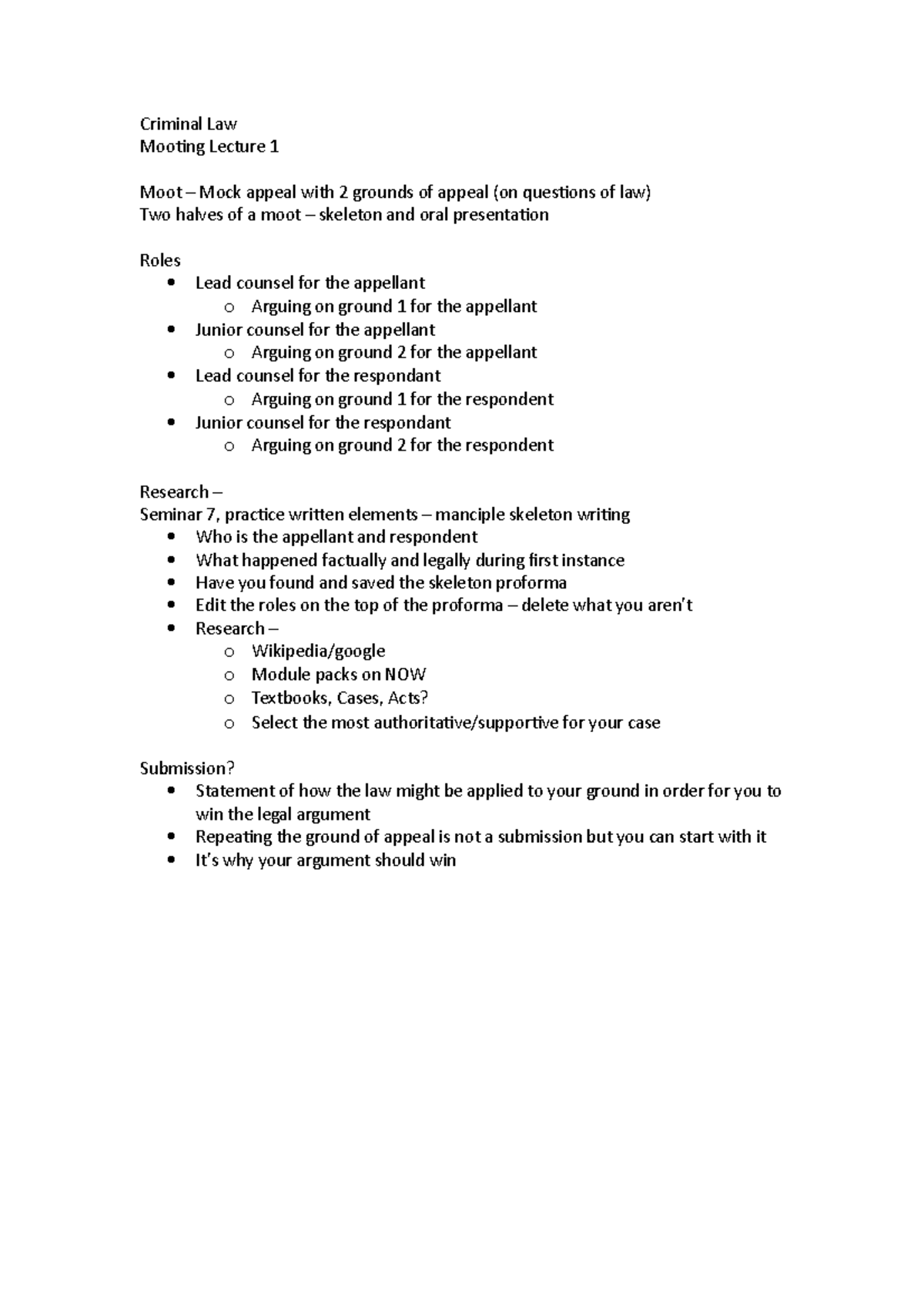 Mooting Lec 1 - Lecture Notes 1 - Criminal Law Mooting Lecture 1 Moot ...