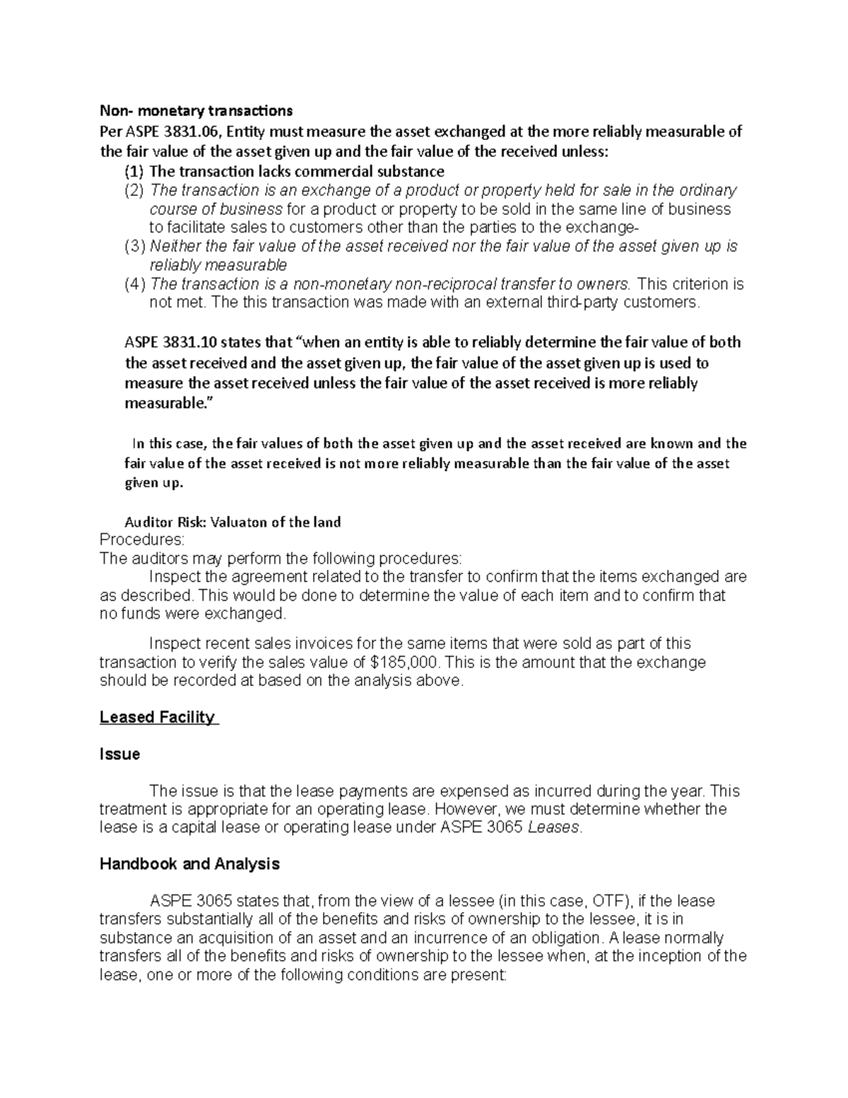 Handbook Analysis for IP & PC - Non- monetary transactions Per ASPE ...
