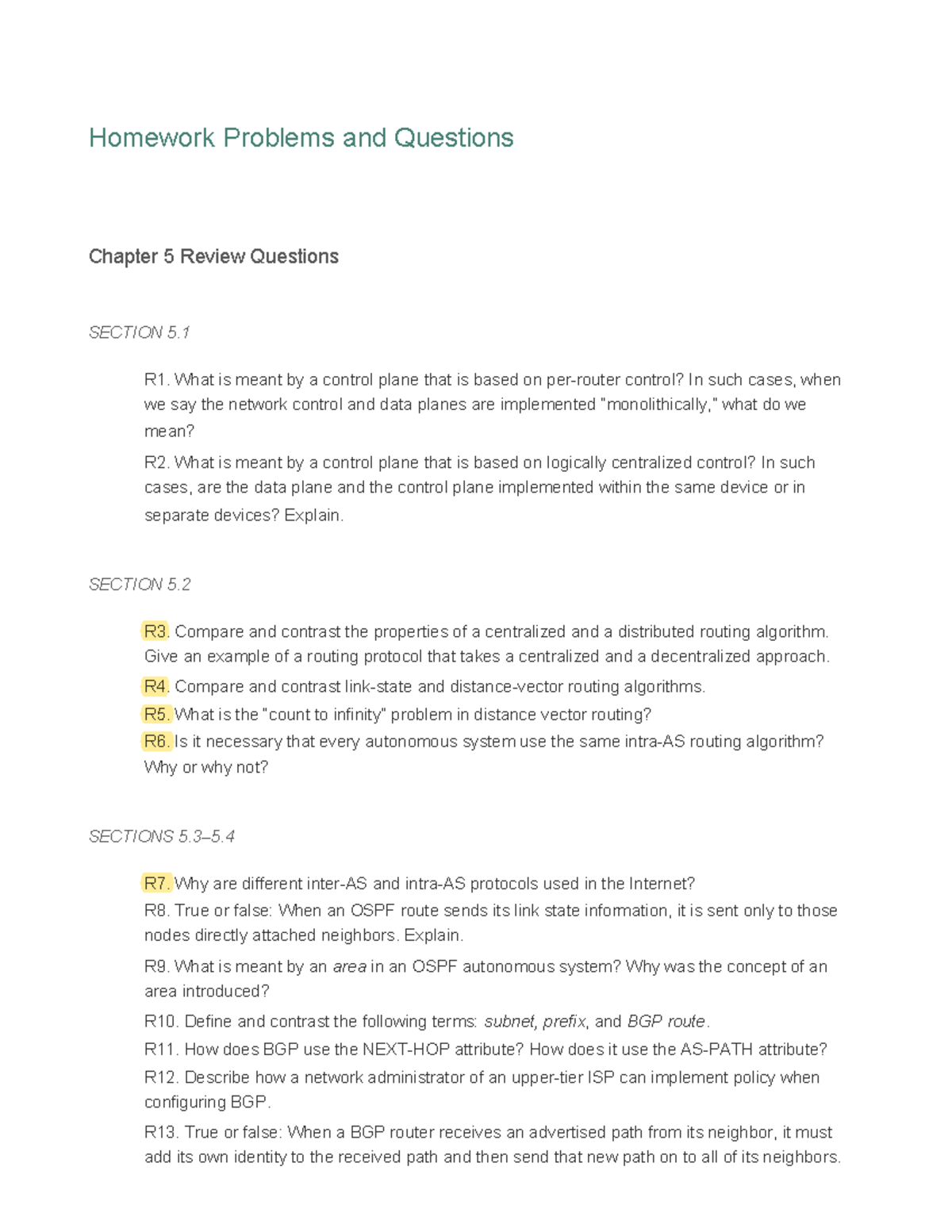 Network Layer Questions Homework Problems and Questions Chapter 5