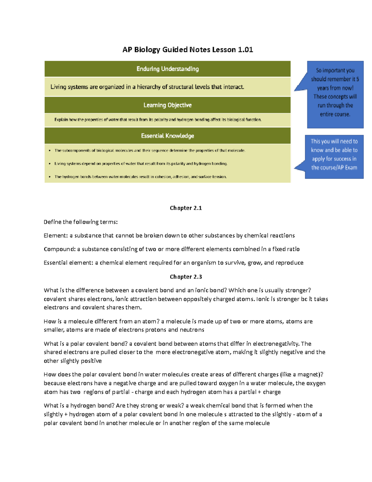 AP BIO 1.01 Notes - First unit - AP Biology Guided Notes Lesson 1
