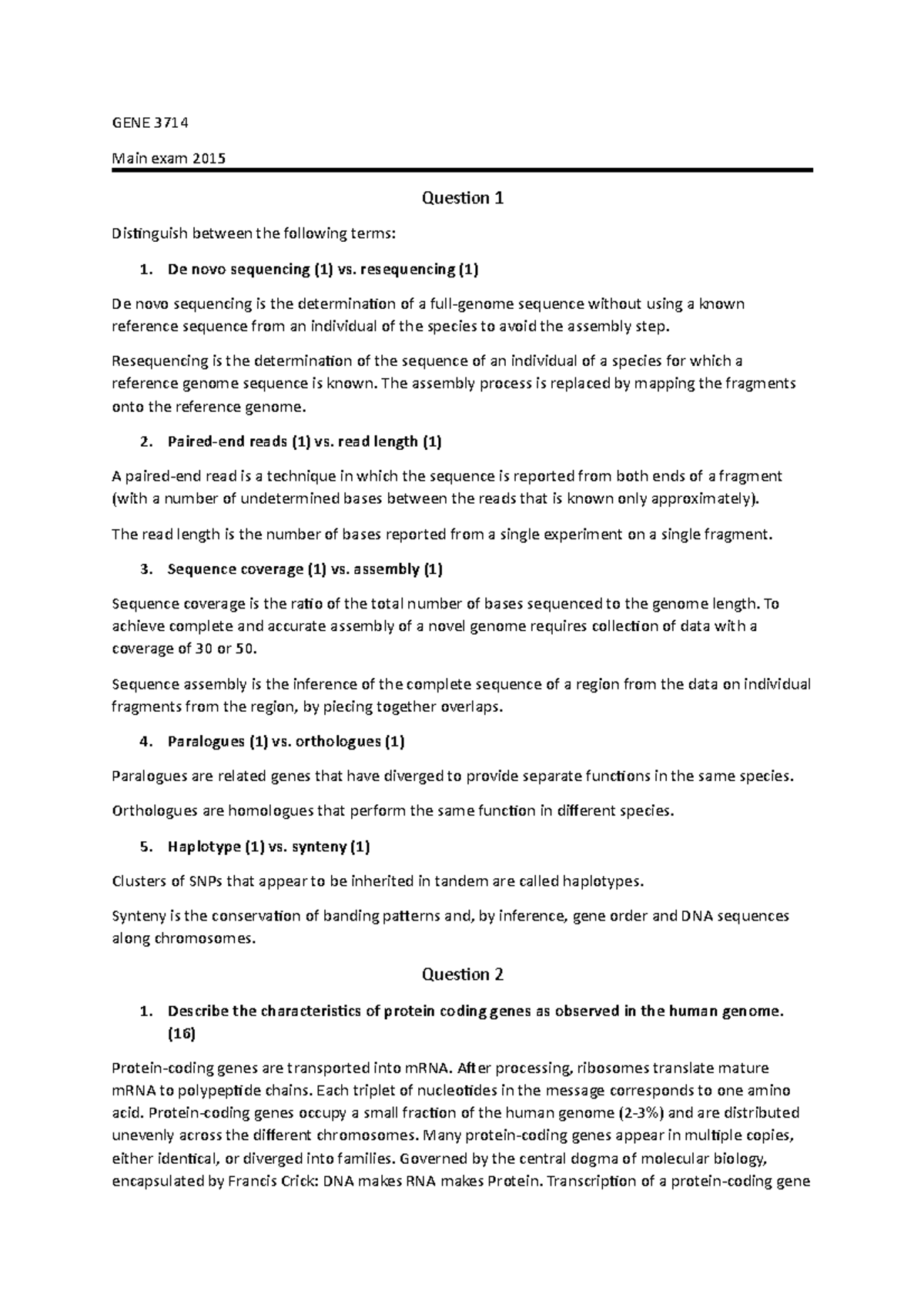 GENE 3714 Main Exam 2015 - GENE 3714 Main exam 2015 Question 1 ...