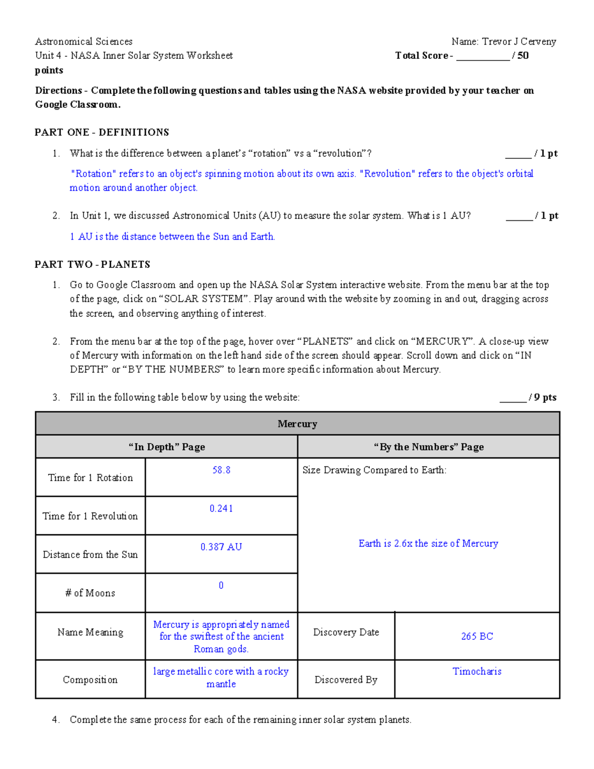 Trevor Cerveny - NASA Inner Solar System Worksheet - Astronomical ...