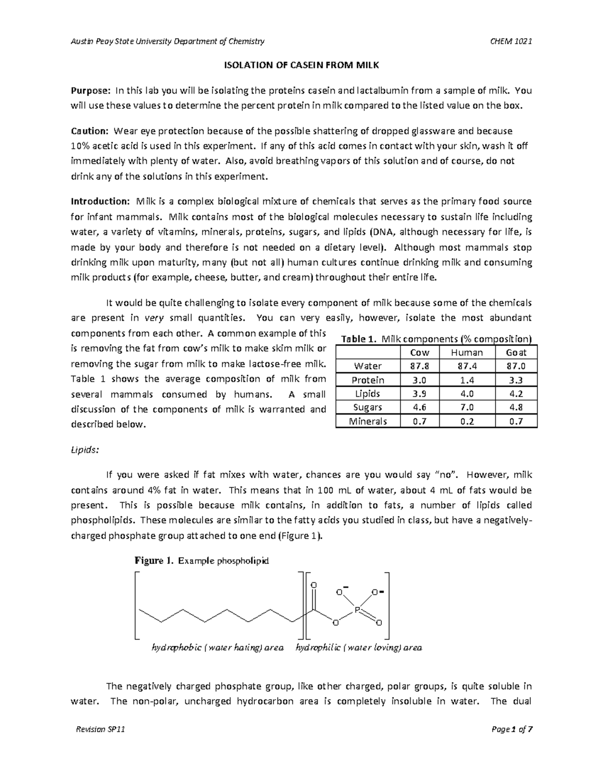 SP11 1021 Isolation OF Proteins FROM MILK ISOLATION OF CASEIN FROM MILK Purpose In this lab