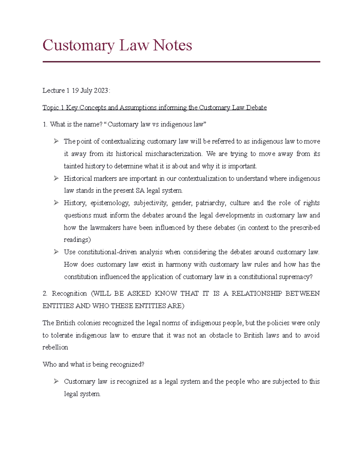 Customary Law Lecture notes and slides Customary Law Notes Lecture 1