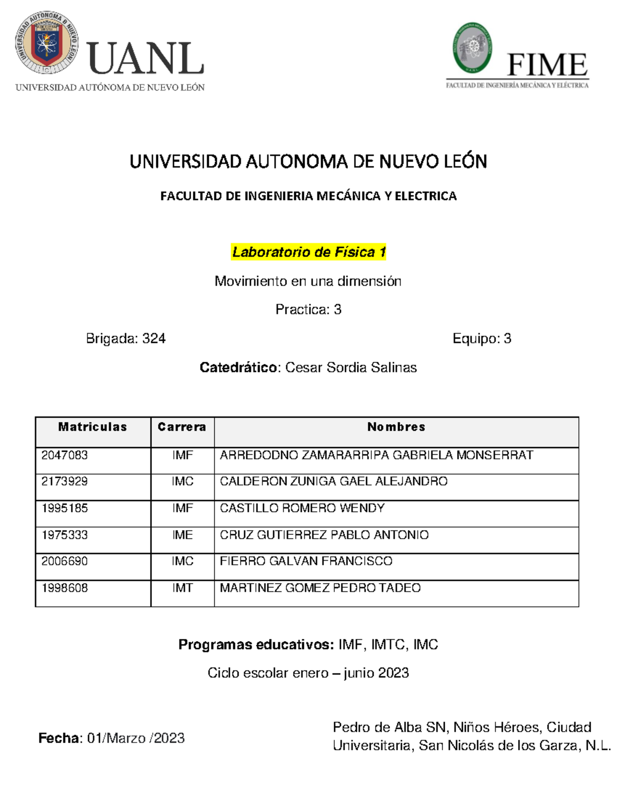 Practica 3 LAB DE Física - UNIVERSIDAD AUTONOMA DE NUEVO LEÓN FACULTAD ...