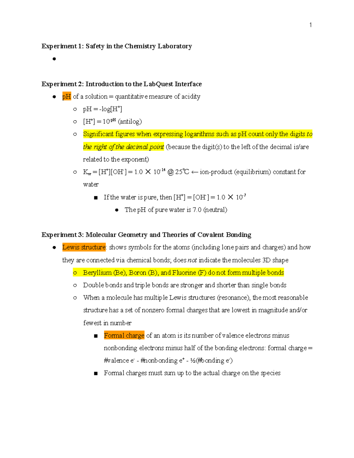 Chem II Lab Final Study Guide - Experiment 1: Safety In The Chemistry ...