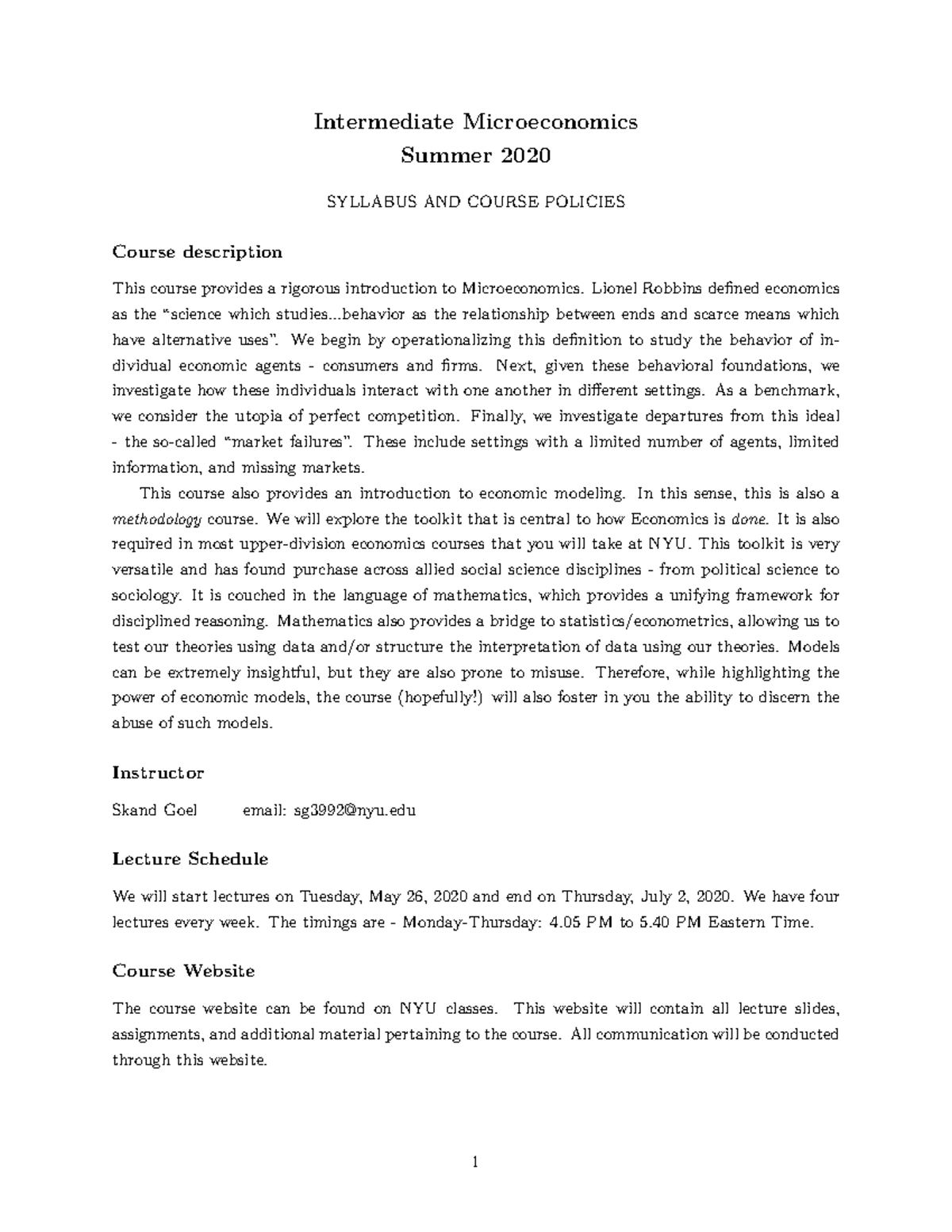 Syllabus - Lecture notes 1 - Intermediate Microeconomics Summer 2020 ...
