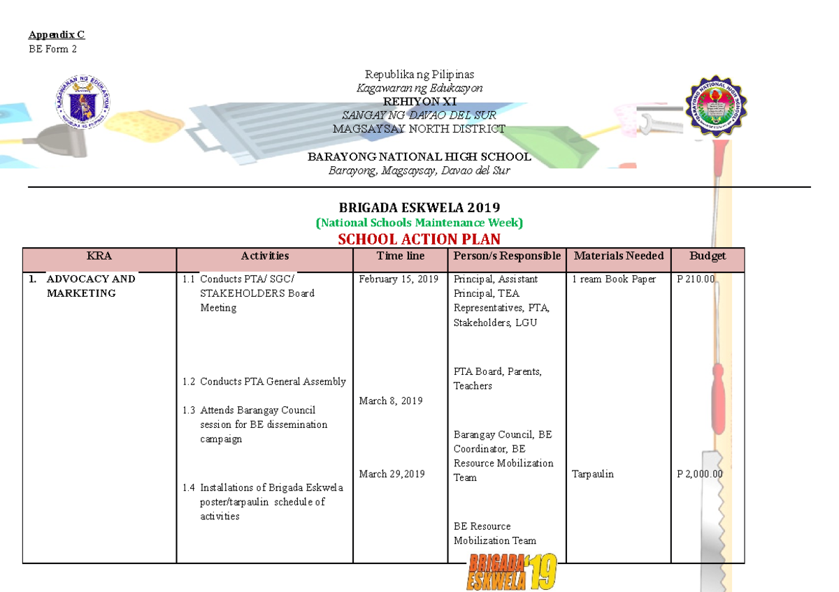 School Action PLAN - hbuyhiu - Appendix C BE Form 2 Republika ng ...