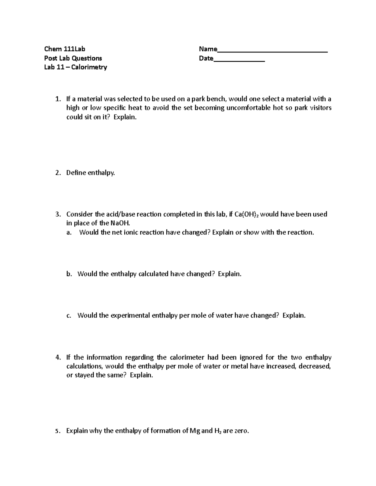 Post Lab 11 Questions - Chem 111Lab Name ...