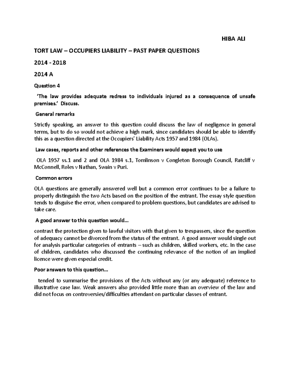 Exam 2019, questions and answers - HIBA ALI TORT LAW – OCCUPIERS ...