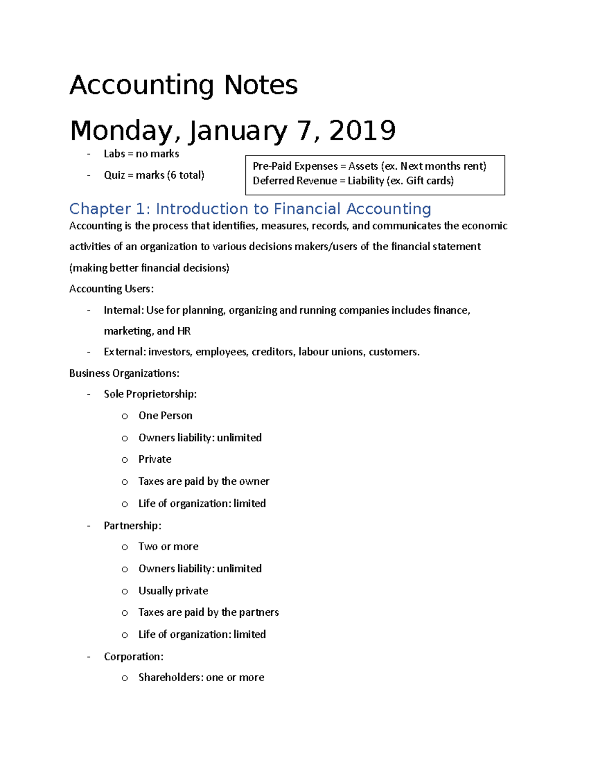 Accounting Notes - Accounting Notes Monday, January 7, 2019 - Labs = no ...