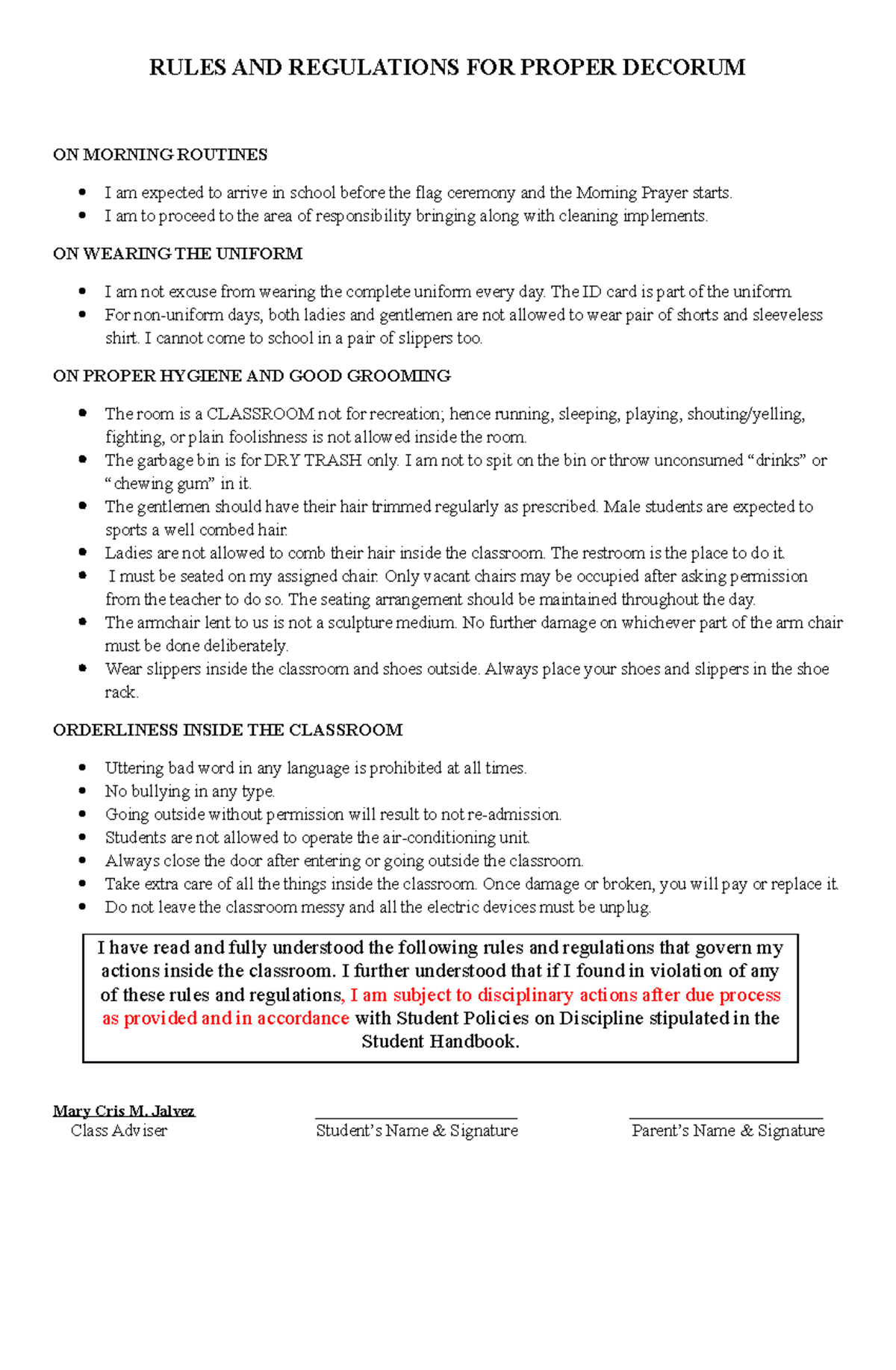 Rules AND Regulations FOR Proper Decorum - RULES AND REGULATIONS FOR ...